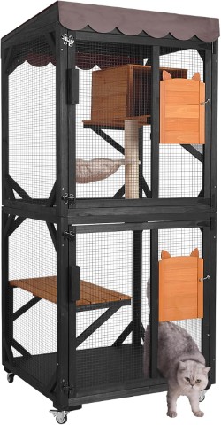 Aivituvin Outdoor Catio Cat Enclosures on Wheels Cat House 70.9 Large Kitty House with Upgraded Resting Box,Waterproof Roof Cover,Brown
