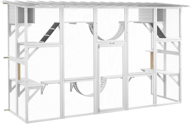 PawHut Catio Playground Outdoor Cat Enclosure, Wooden Outdoor Cat House Weatherproof for Multiple Cats, Shelves & Bridges, White