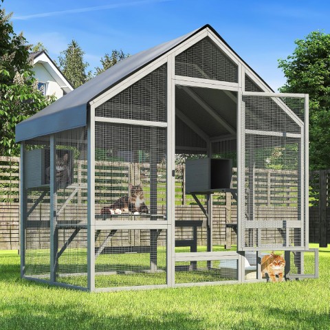 TIMHAKA Cat Catio - Large Outdoor Catio Enclosure with 7 Tiered Platforms & 2 Premium Resting Boxes, Weatherproof Cat Cage with UV-Resistant Cover