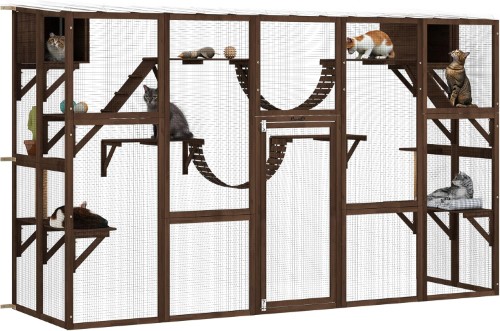 PawHut Catio Outdoor Cat Enclosure Window, Outdoor Cat House with Weather Protection Roof for Multiple Kitties, Wooden Frame, Shelves & Bridges, 118 inch
