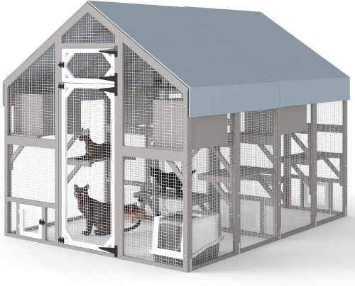 PetsCosset Walk-In Outdoor Catio With Window Access, Tunnel, and Weatherproof Roof