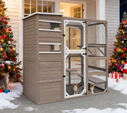 ketive Store Multi-Level Outdoor Catio With Pull-Out Tray, Waterproof Roof, and 2 Resting Boxes